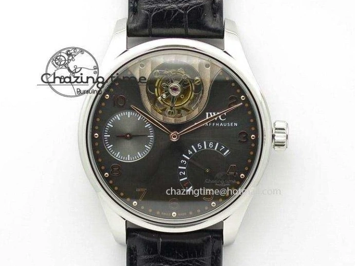 MIROTIME 0428 Portuguese Tourbillon Power Reserve Moonphase SS Black Dial Gold Numbers On Black Leather Strap RelaxedFit 7320